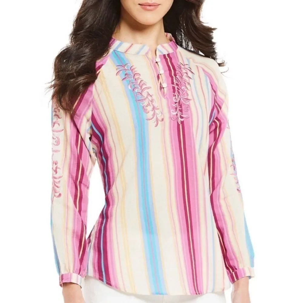 Reba colorful striped and embroidered long sleeve size XL playful cotton